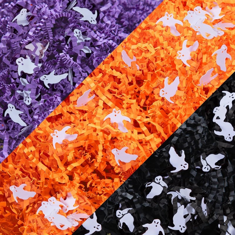 Jocomoni 12.3oz Halloween Crinkle Cut Paper Sherd Filler Black Orange Purple Crinkle Cut Paper with Ghost Confetti for Halloween Party Supply - Image 1